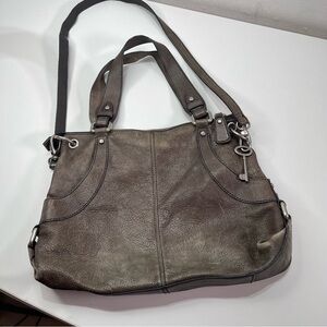 Fossil Grey Pebbled Leather Tote Bag Top Zip Satchel L Four Corner Pockets Charm